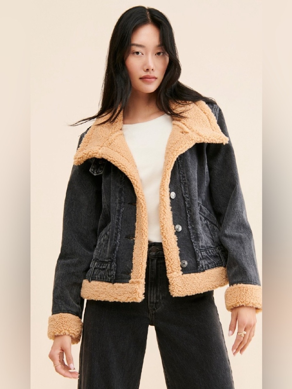 WE THE FREE Jacket Rylee Cozy Moto Sherpa Faux Fur Trim Denim Button Up Black S